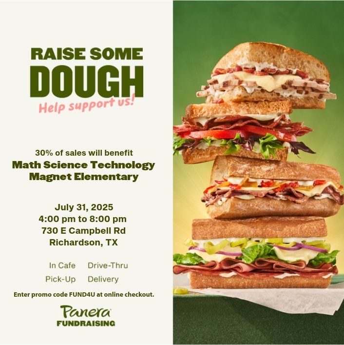 Dr. Lauren Bolack (@lauren_bolack) on Twitter photo 🥖 RAISE SOME DOUGH for MST! 🥗
Join us at Panera on July 31 from 4–8 PM and 30% of sales will benefit Math Science Technology Magnet Elementary!
📍 730 E Campbell Rd, Richardson
💻 Use code FUND4U for online orders!
<a href="/MSTMAGNET/">MST Magnet School</a> #PaneraFundraiser #EngineerTheFuture 🥖 RAISE SOME DOUGH for MST! 🥗
Join us at Panera on July 31 from 4–8 PM and 30% of sales will benefit Math Science Technology Magnet Elementary!
📍 730 E Campbell Rd, Richardson
💻 Use code FUND4U for online orders!
<a href="/MSTMAGNET/">MST Magnet School</a> #PaneraFundraiser #EngineerTheFuture