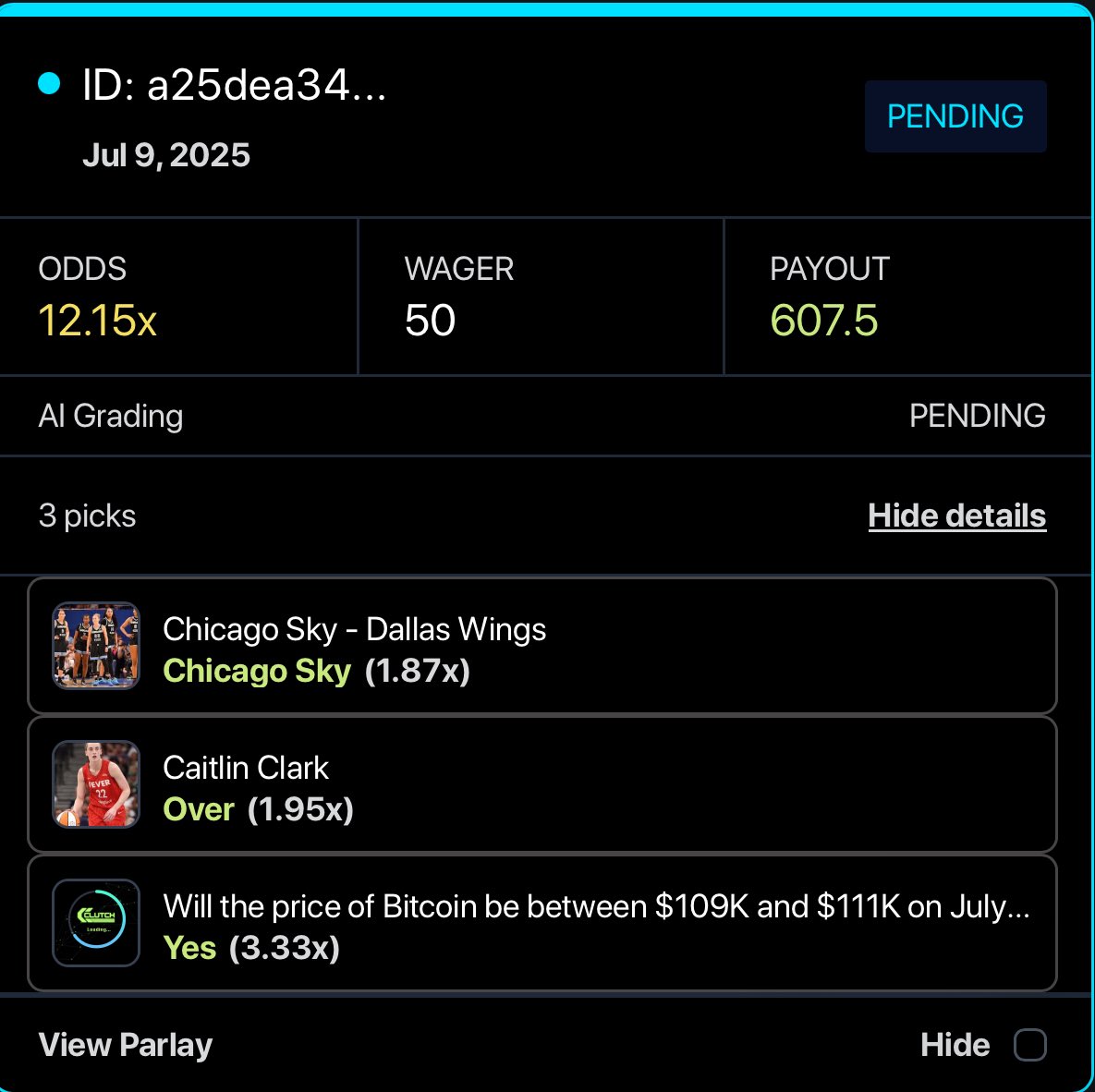 Some Parlay Action <a href="/ClutchMarkets/">CLUTCH</a> 

Player Prop x Crypto x WNBA 🐾
Only on Apechain 

Have you placed a bet on Clutch?