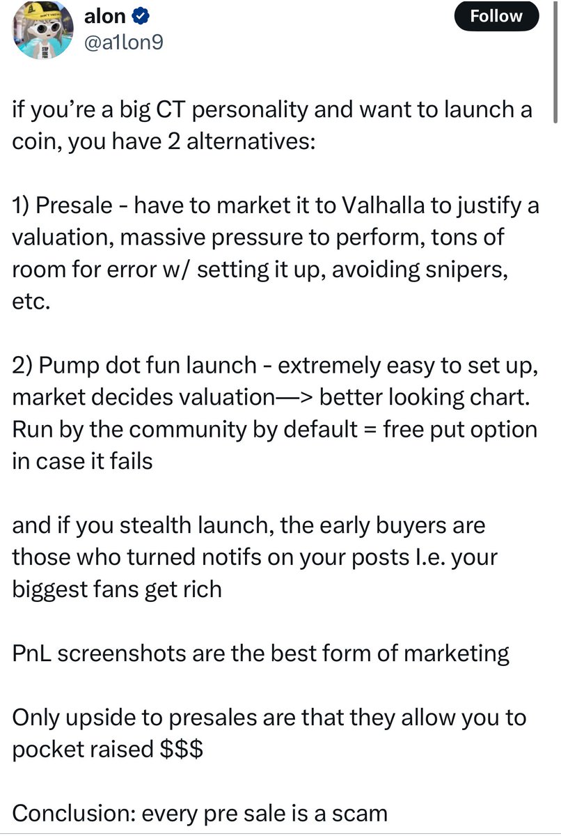 Pumpfun founder in 2024: “Every presale is a scam” Pumpfun in 2025:  announced pre sale at $4b fdv What changed. 🧐