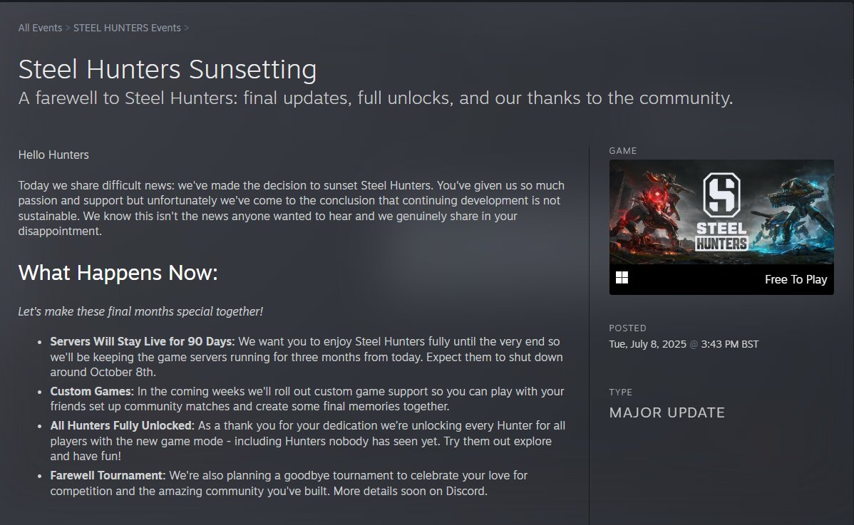 Wargaming announces Steel Hunters is shutting down just three months after early access launch 🔗 wccf.tech/1gvfo

The game will be shut down by October 8, 2025, which means that it didn't even make it a year since it was revealed.