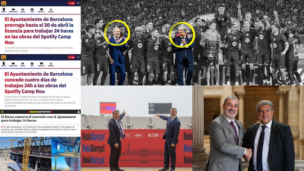 Lapo_outcontext's tweet image. La caverna de Telegram dice que el retraso del Camp Nou es culpa del Ajuntament. El mismo que:
😂Prorrogó y renovó las licencias para trabajar 24 horas
😂Lo invitas al césped para levantar el título de liga
😂Que te ayudó para jugar en Montjuïc a pesar de los conciertos