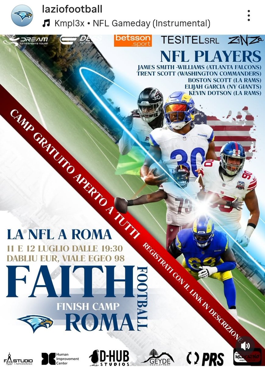 Valter5's tweet photo. Big chance to learn from five real NFL players, all for free, next friday and saturday here in Rome! https://t.co/SbW5zQWvq9