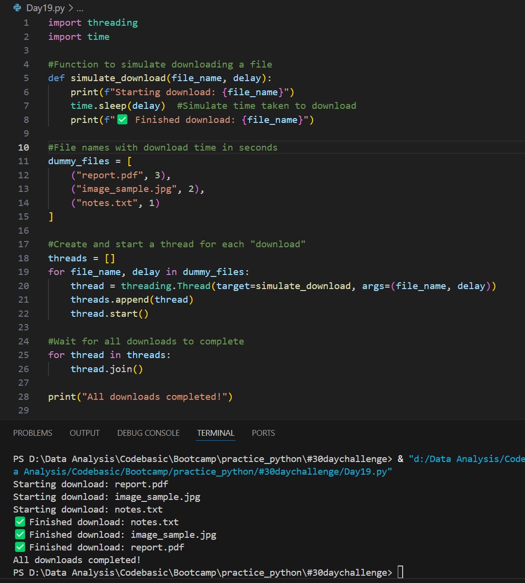 abhilashadhole5's tweet image. Day 19 of #IDC30DaysChallenge
🧵Explored threading & concurrency in Python!
✅ Used dummy files to simulate downloads
🧠 Learned how threads run tasks in parallel
⚙️ Great for speeding up file processing & web tasks
#30DaysOfPython #IDCChallenge #Codebasics