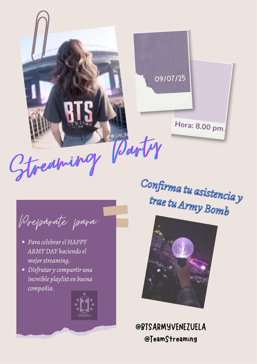 BTSarmyvzla's tweet photo. Streaming Party para celebrar el Happy Army Day 💜 #BTSARMY #btsarmyvzla #varmy #HappyARMYDay #teamstreaming https://t.co/KxLQs9PIPu