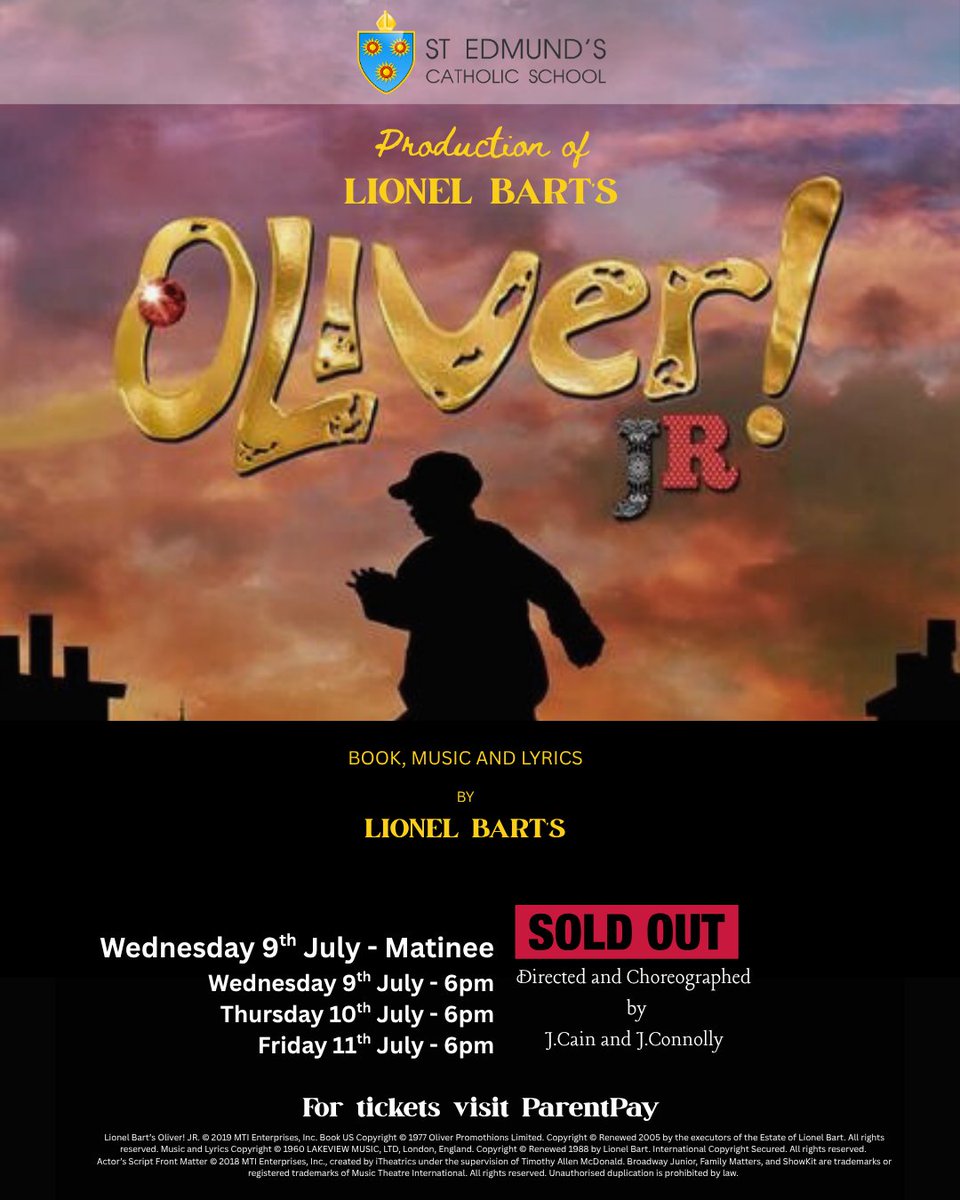 StEdmundsSCH's tweet image. 🎭 Oliver JR opened to a sell-out matinee! Our student audience laughed, cheered &amp;amp; sang along. A few tickets left for tonight, Thurs &amp;amp; Fri evenings — they're going fast! 🎟️ Grab yours now via ParentPay to avoid disappointment! #OliverJR #SchoolShow