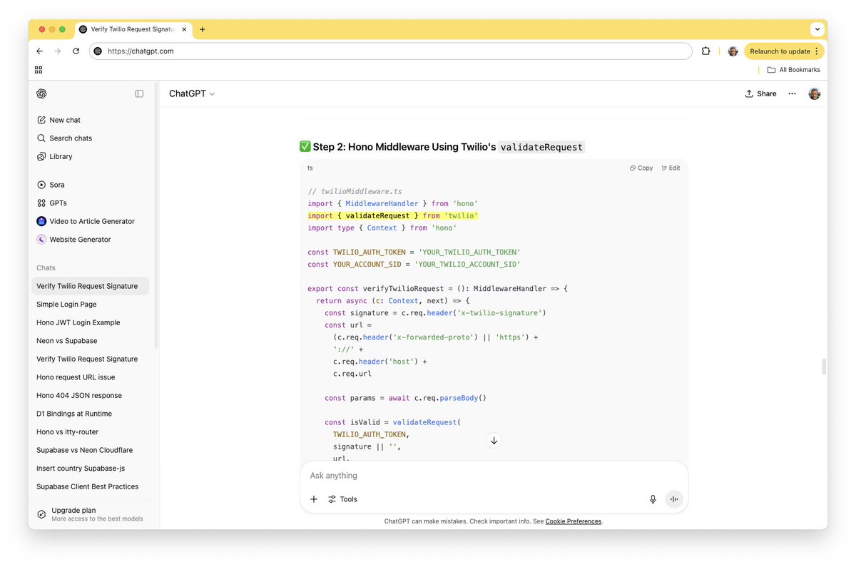 ldenoue's tweet image. `import twilio` and your Cloudflare worker will gain about 5MB in size!!! So ChatGPT rewrote the validateRequest with native crypto 😃
