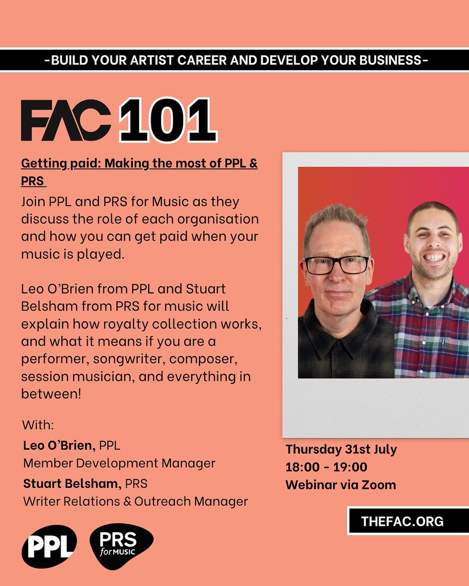 FAC 101 🔎 Getting the most out of <a href="/PPLUK/">PPL</a> and <a href="/PRSforMusic/">PRS for Music</a> 

Joint Leo O’Brien and Stuart Belsham as they discuss the role of each organisation and how you can get paid when your music is played. 

This event is free for FAC PRO Members

Register now via the link in our bio!