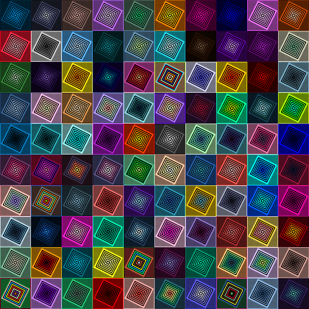 ArtByAppie's tweet image. Squaring Off -- A collection where 596 different colors were carefully hand-picked and used to create these 100 one-of-one pieces of art.