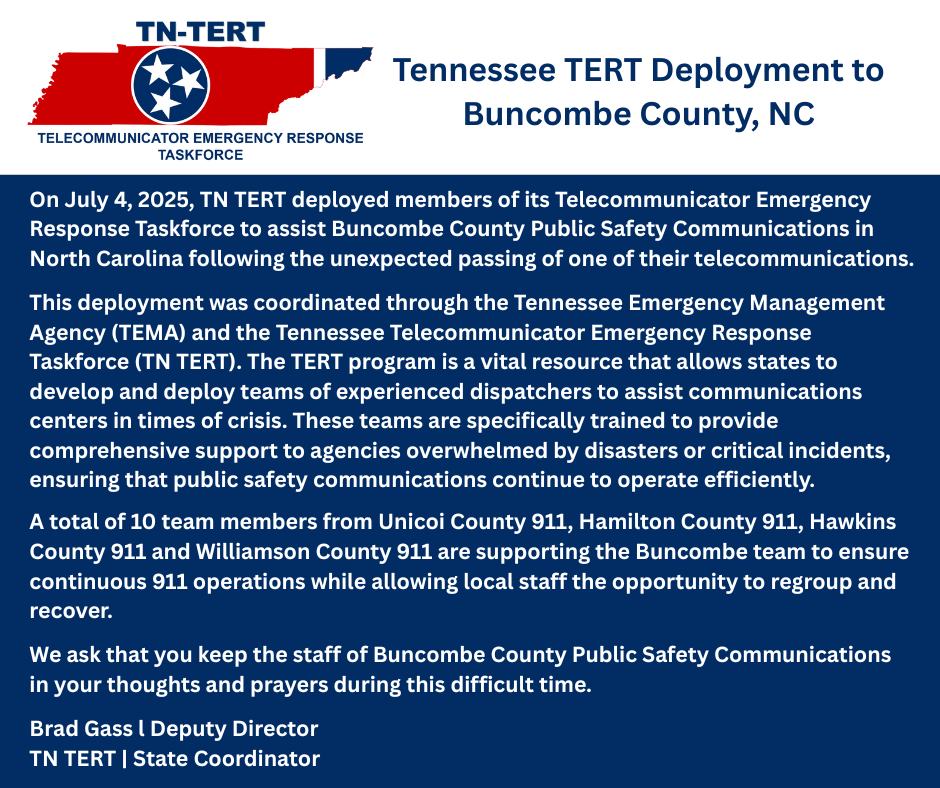 The Emergency Management Assistance Compact (EMAC) gives states the platform to share resources during times of disaster, ranging in need or situation.

Over the holiday weekend, 10 Tennessee 911 communicators from Unicoi, Hamilton, Hawkins, and Williamson counties answered the