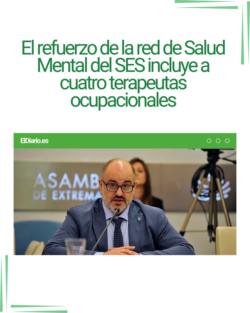 COPTOEX (@coptoex) on Twitter photo ➡️ La Junta invertirá 1,8 M en la creación de 25 nuevas plazas de distintos profesionales y especialistas vinculadas al Programa de Refuerzo de la Red de Salud Mental de Extremadura.
🔊 De esas plazas habrá 4 terapeutas ocupacionales.
🖊️ <a href="/eldiarioes/">elDiario.es</a>: eldiario.es/extremadura/so… ➡️ La Junta invertirá 1,8 M en la creación de 25 nuevas plazas de distintos profesionales y especialistas vinculadas al Programa de Refuerzo de la Red de Salud Mental de Extremadura.
🔊 De esas plazas habrá 4 terapeutas ocupacionales.
🖊️ <a href="/eldiarioes/">elDiario.es</a>: eldiario.es/extremadura/so…