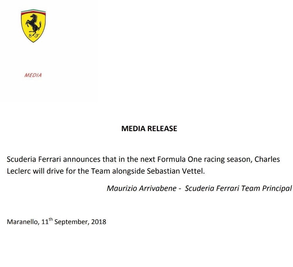 CL16_inside's tweet photo. Scuderia Ferrari announces that in the next Formula One racing season, Charles Leclerc will drive for the Team alongside Sebastian Vettel.

Maranello, 11th September, 2018

✨ https://t.co/S55JmAfCqn