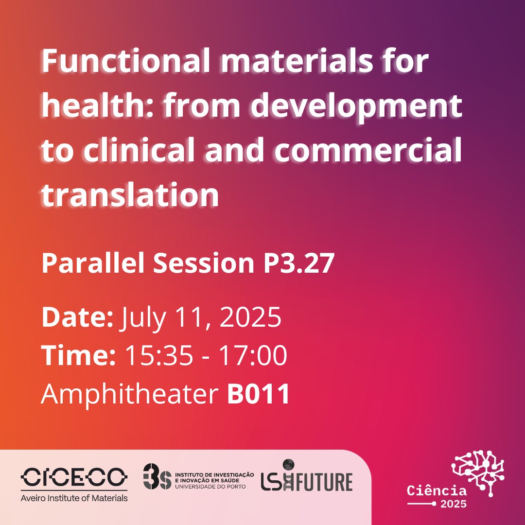CICECO will be in Ciência 2025 on 11 July at NOVA SBE:
Excellence in Materials Science for the Society of the Future
🕑 11:30–13:00
Intelligent textiles as wearable medical devices
🕑 14:00–15:25 
Functional materials for health
🕑 15:35–17:00 
🔗 More: swki.me/qCcsvxcP