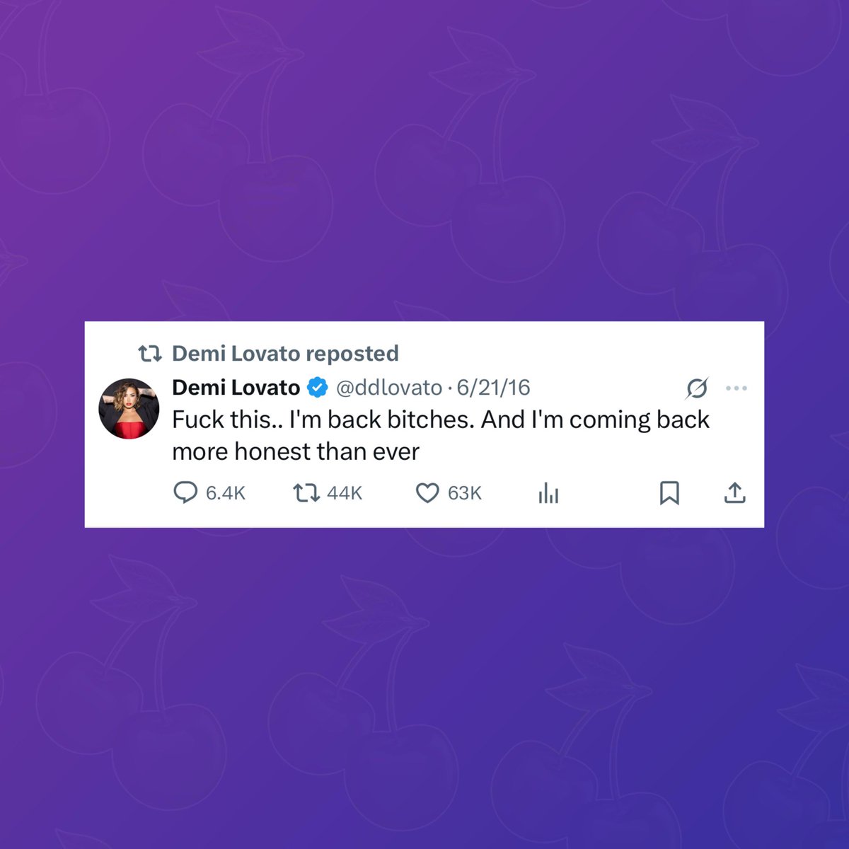PopBase's tweet image. Demi Lovato teases new era by retweeting 2016 tweet:

“F*ck this.. I’m back b*tches. And I’m coming back more honest than ever.”