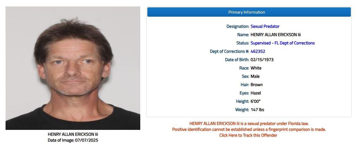 Sexual Predator Change of Address Notification for Henry Allen Erickson, III - Current Temporary Address of 203 Miracle Strip Pkwy SW, Rm 336 in Fort Walton Beach.

View Flyer: offender.fdle.state.fl.us/offender/sops/…

For more info on this and other sexual offenders and predators, visit