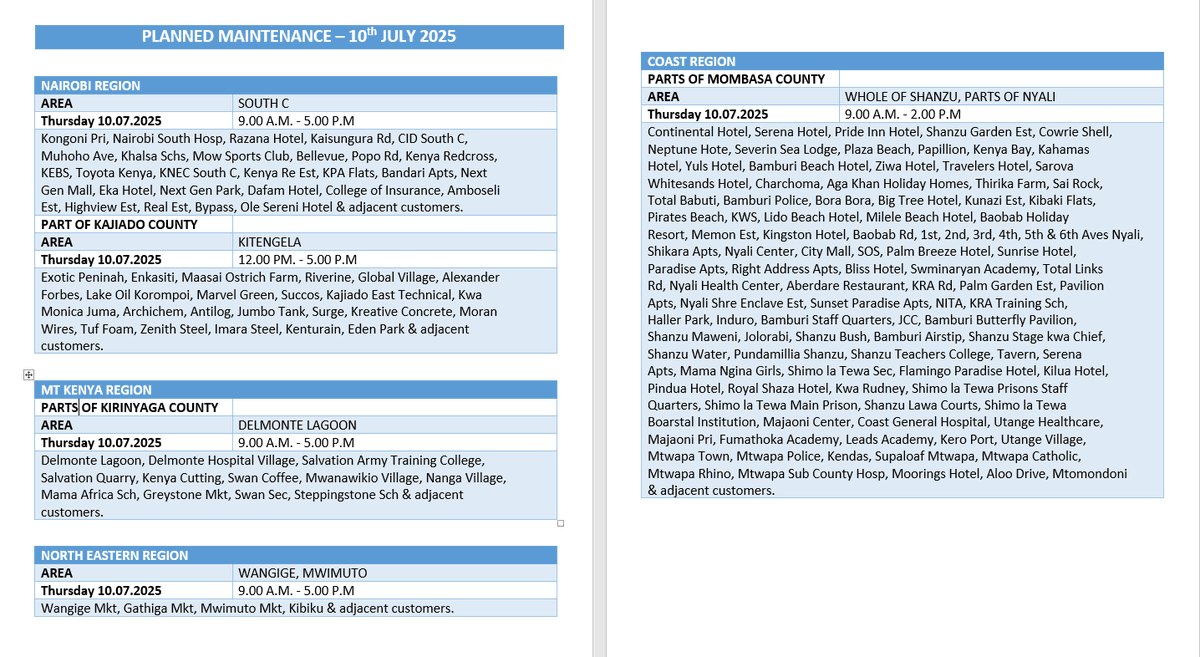 KenyaPower_Care's tweet photo. Good evening. Please receive the areas listed for planned maintenance tomorrow (10th July 2025).
^BW https://t.co/uK3Nphrs6T