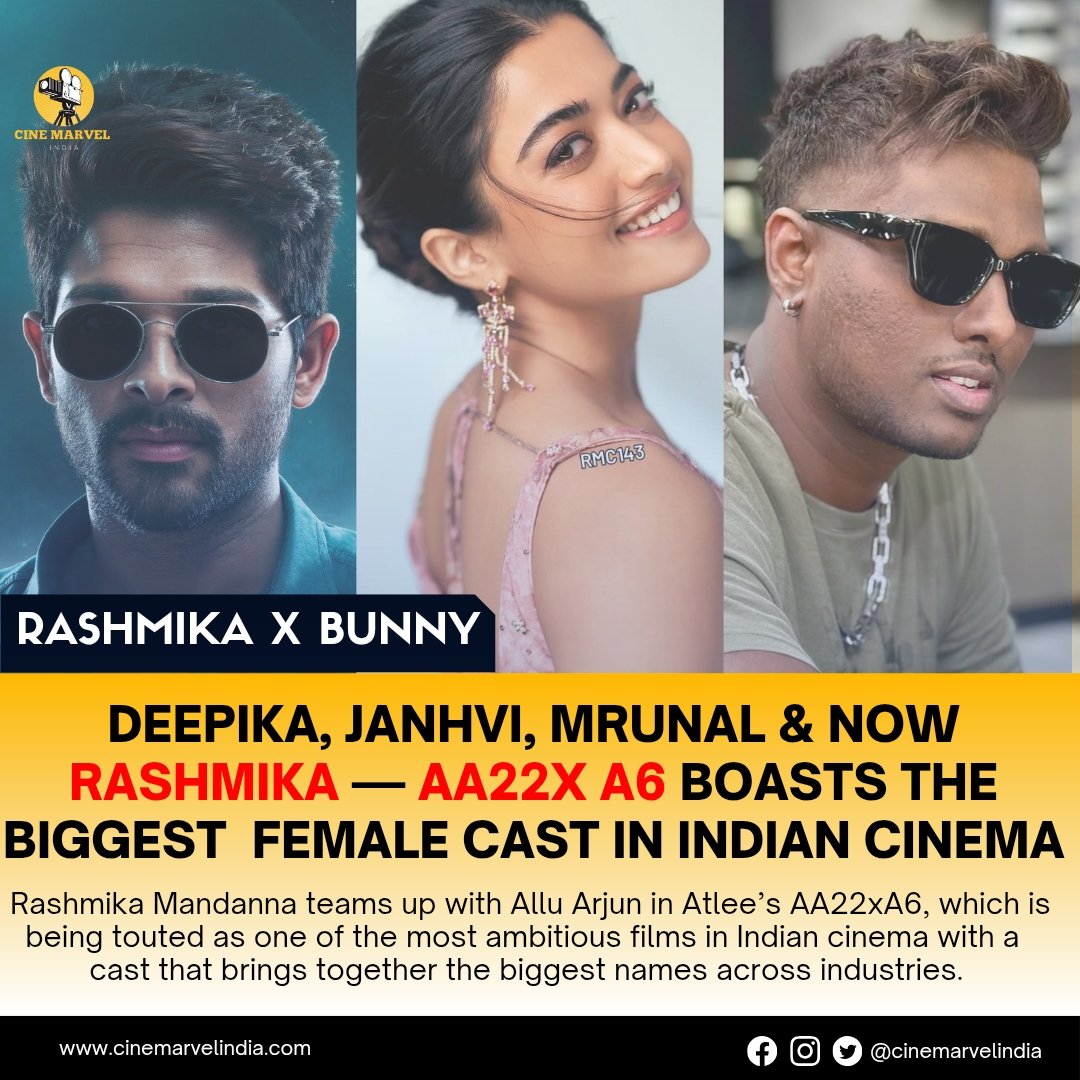 inside_cinema_'s tweet photo. Rashmika Mandanna joins the star-studded cast of #AA22xA6 alongside #AlluArjun, Deepika, Janhvi &amp; Mrunal! Atlee’s ambitious film just got even bigger. https://t.co/AwpqXL8259