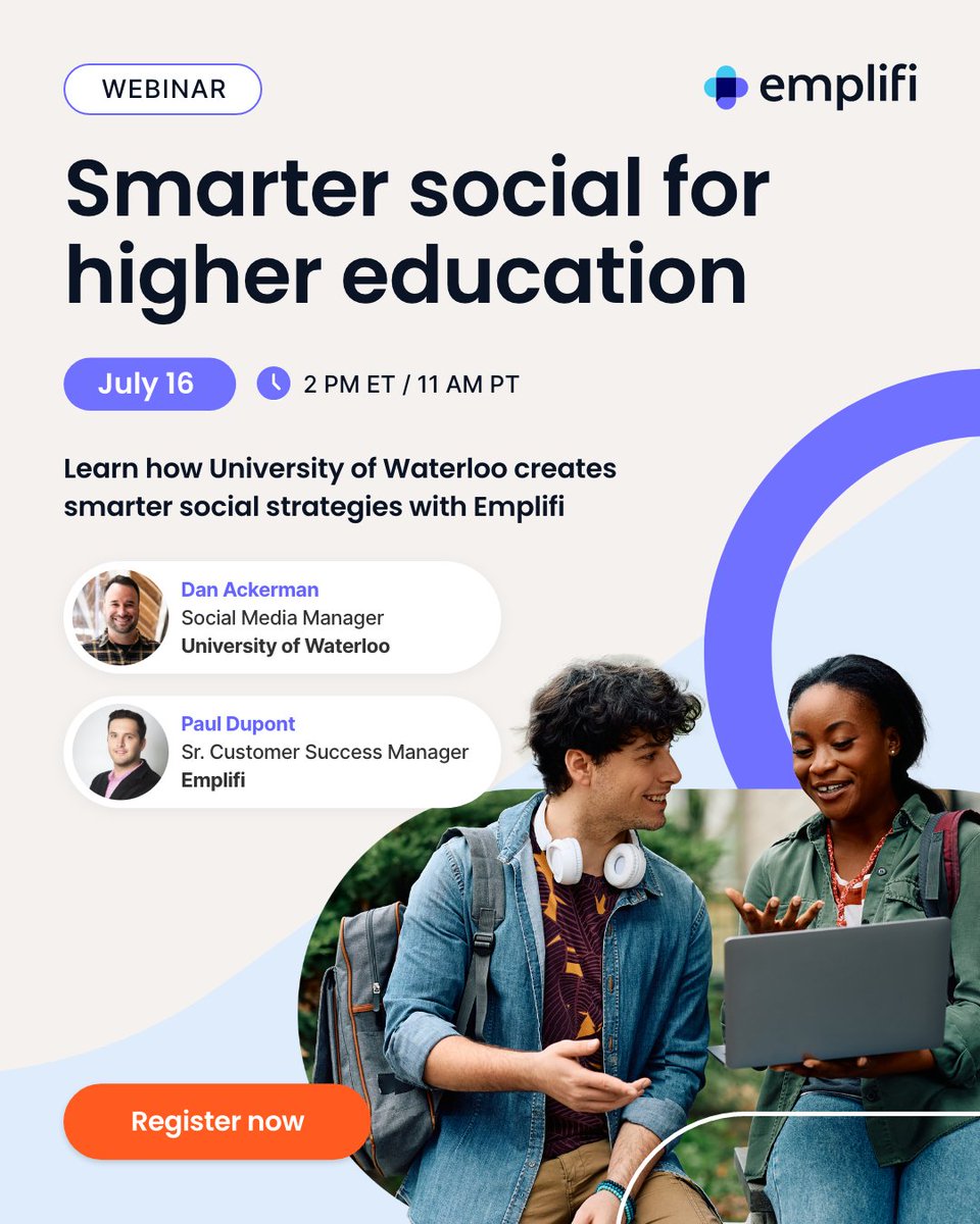 University social teams, this one’s for you.

Join us on July 16 for a live session with Dan Ackerman, the Social Media Manager from University of Waterloo and Paul Dupont, Sr. Customer Success Manager from Emplifi.

Here's what you'll learn:

👍 Increased reach and engagement
