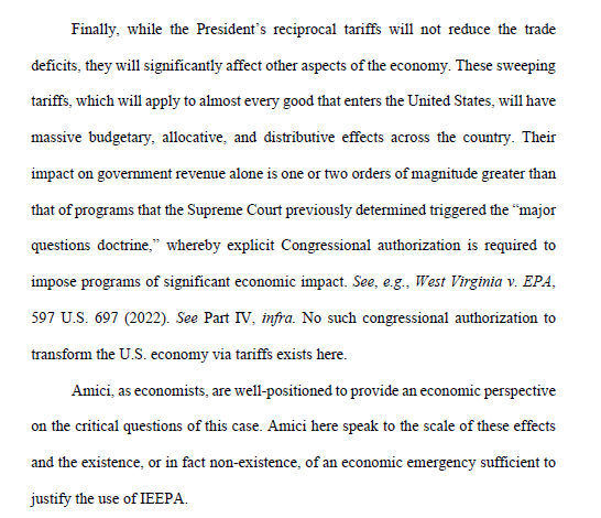27 prominent economists come out swinging in US court against Trump's "emergency" tariffs. 
They (rightly) say: 
-Trade deficits aren't "unusual or extraordinary" or a "threat" to the US
-Tariffs won't meaningfully reduce trade deficits but will have other major economic effects