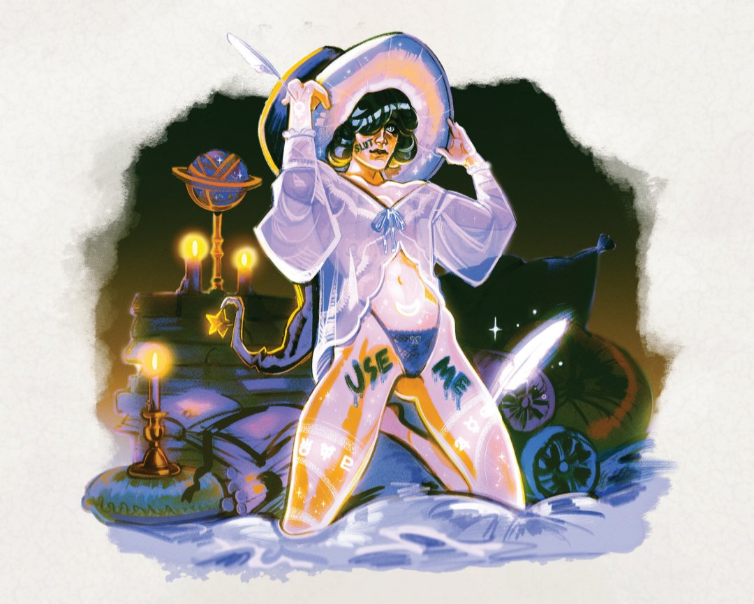 MariaSharran's tweet photo. Kalia is an apprentice of this art and may need a hand learning new tricks or techniques. So far her spells include 

CANTRIPS 
Lubricate 
Kink craft 
Yank
Alter sex

LV1
Aftercare
Anatomical Compatibility
Heel
Strip Bare

LV2
Golden Spray
Shock Collar
Spectral spreader https://t.co/AT7KDso0re