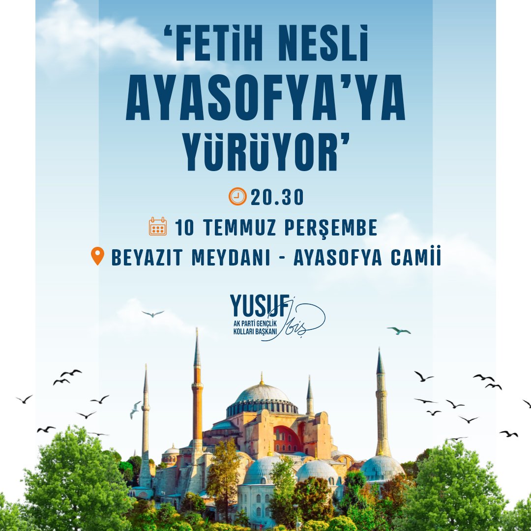 Cumhurbaşkanımızın tarihi imzasıyla Ayasofya’nın, yeniden asli kimliğine kavuşmasının yıl dönümünde oradayız. 🙋🏻‍♂️

O kutlu günde, gençlerimizle birlikte Ayasofya yolunda olacağız! 

Genç arkadaşlarım gelin, gençliğin mührünü tarihe bir kez daha vuralım!  

🗓 10 Temmuz Perşembe
⏰