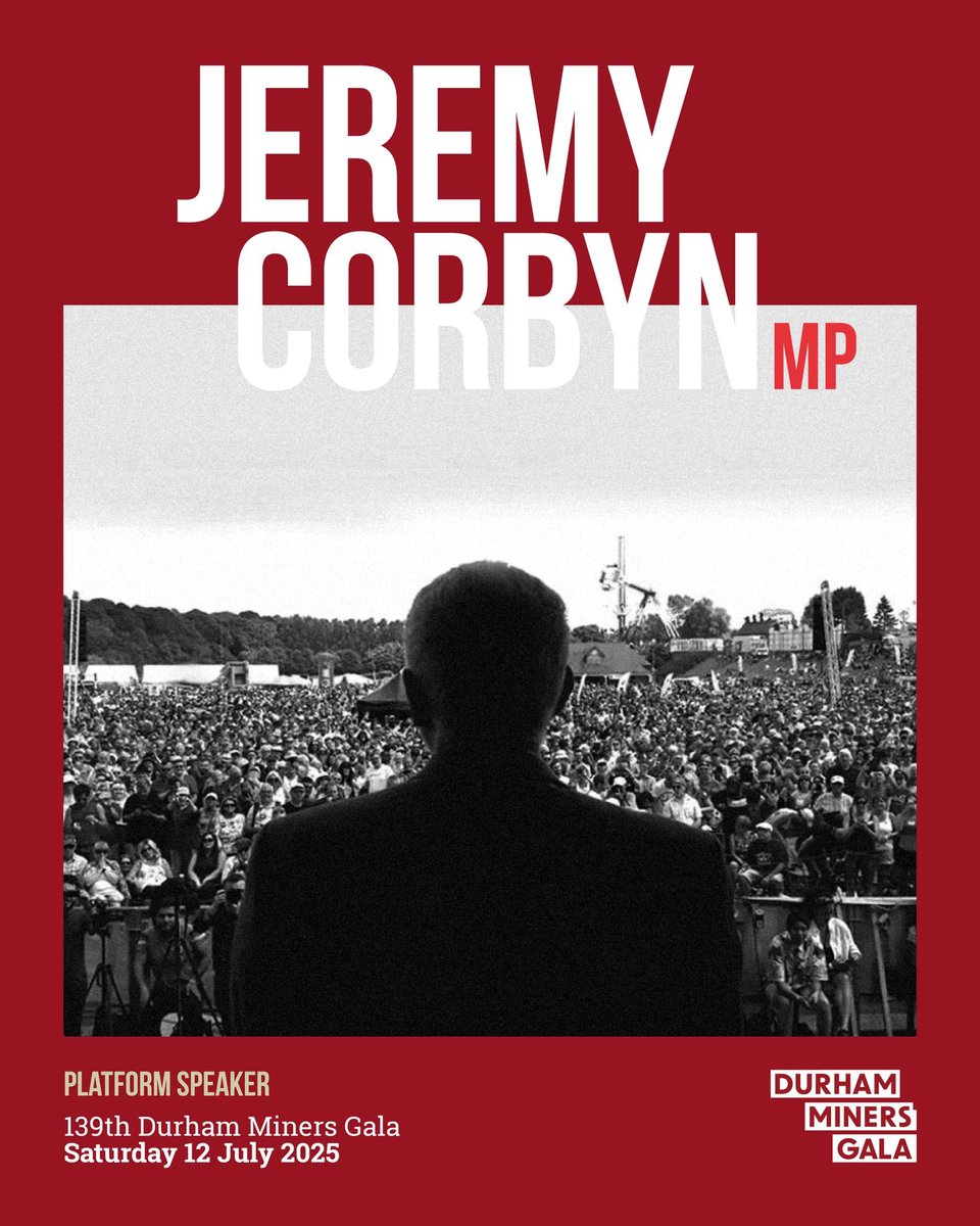 jeremycorbyn's tweet photo. I am honoured to be returning to the Durham Miners Gala this year.

The Gala is a celebration of working-class pride — and we are proud of a movement that is made up of all communities, united in a desire for a more just and peaceful world. https://t.co/hlVPHcA6Zo