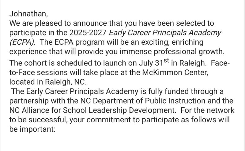 Well look at this…I’ve been accepted into the Early Career Principals Academy!! I’m excited about having the opportunity to network and to continue growing in my role! #EducationLeadership #ProfessionalDevelopment #ECPA