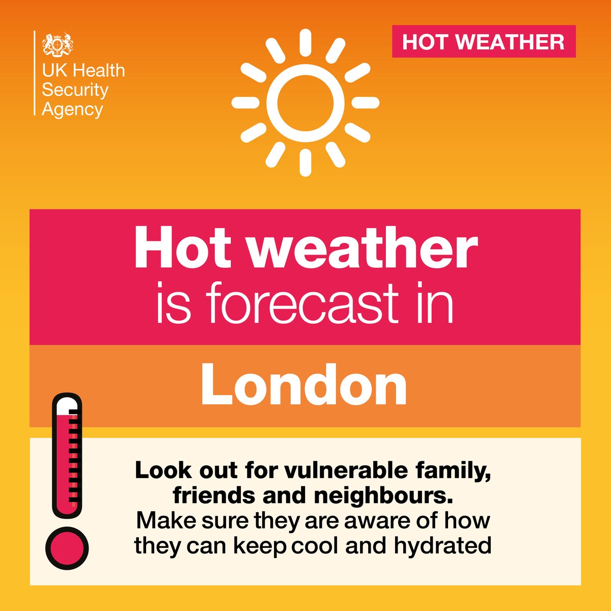 Royal Borough of Greenwich (@royal_greenwich) on Twitter photo ☀️A yellow heat health alert has been issued today by <a href="/UKHSA/">UK Health Security Agency</a> until 10am next Tuesday 15 July.
🌡️Please look out for vulnerable family, friends and neighbours who might be at higher risk of becoming unwell when the weather is hot.
Read more info 👉 gov.uk/government/pub… 🧵 ☀️A yellow heat health alert has been issued today by <a href="/UKHSA/">UK Health Security Agency</a> until 10am next Tuesday 15 July.
🌡️Please look out for vulnerable family, friends and neighbours who might be at higher risk of becoming unwell when the weather is hot.
Read more info 👉 gov.uk/government/pub… 🧵