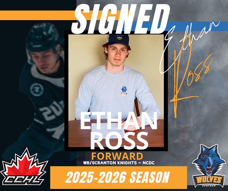 RenfrewWolves's tweet image. SIGNED: Ethan Ross joins the Renfrew Wolves for the 2025-2026 season!

“I’m happy to be a part of the organization and excited to get started.” – Ethan Ross

Welcome to the pack!

#WolvesSigned #RenfrewWolves #CCHL #20252026Season