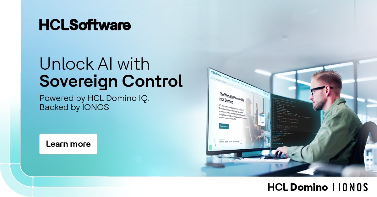 Take control of your AI and data privacy with Sovereign AI — powered by #HCLDomino IQ &amp; backed by IONOS, the leading European hosting provider and trusted cloud enabler. 
Read more: hclsw.co/vmmotc
#HCLSoftware #ionos