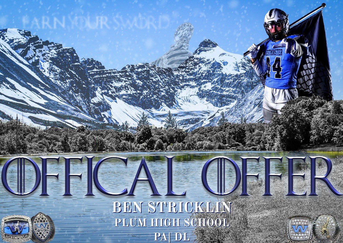 Ben Stricklin (@benstricklin2) on Twitter photo #AGTG After a great call with <a href="/CoachMundis/">Connor Mundis</a> I am blessed to receive an offer from <a href="/WCtitansFB/">Westminster Football</a>!!
<a href="/PlumMustangNat/">PlumMustangNation</a> <a href="/pitt75panther/">Matt Morgan</a> <a href="/Coach_TJYoung/">Coach Young</a> <a href="/Cline8Kyle/">Kyle Cline</a> <a href="/jyoungy_10/">JY</a> <a href="/210ths/">2Tenths Speed & Agility</a> <a href="/AthleticTraumaU/">Chris Steel Edmonds</a> <a href="/PlumAthletics/">Plum Athletics</a> <a href="/WPIAL_Insider/">WPIAL Insider</a> #AGTG After a great call with <a href="/CoachMundis/">Connor Mundis</a> I am blessed to receive an offer from <a href="/WCtitansFB/">Westminster Football</a>!!
<a href="/PlumMustangNat/">PlumMustangNation</a> <a href="/pitt75panther/">Matt Morgan</a> <a href="/Coach_TJYoung/">Coach Young</a> <a href="/Cline8Kyle/">Kyle Cline</a> <a href="/jyoungy_10/">JY</a> <a href="/210ths/">2Tenths Speed & Agility</a> <a href="/AthleticTraumaU/">Chris Steel Edmonds</a> <a href="/PlumAthletics/">Plum Athletics</a> <a href="/WPIAL_Insider/">WPIAL Insider</a>