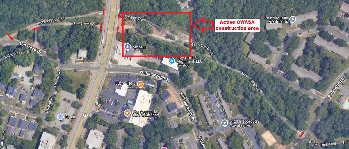 Bolin Creek Trail is closed for storm construction repairs from Umstead Dr. to MLK Jr. Blvd., and from MLK Jr. Blvd. to Bolinwood Dr. in Chapel Hill (see map below). The red lines indicate where the trail is closed to the public.