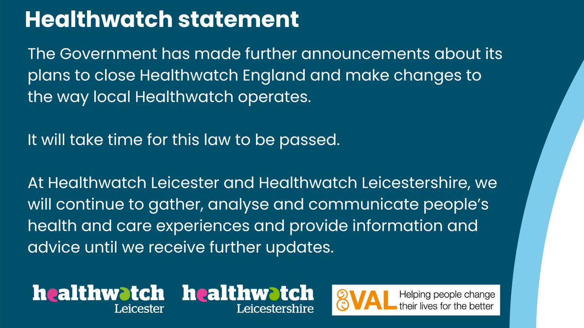 The Govt has published plans to transfer the functions of Healthwatch England to the Dept of Health and the functions of local Healthwatch into Integrated Care Boards &amp; local authorities.
Here is our statement as Healthwatch Leicester &amp; Leicestershire followed by related links.