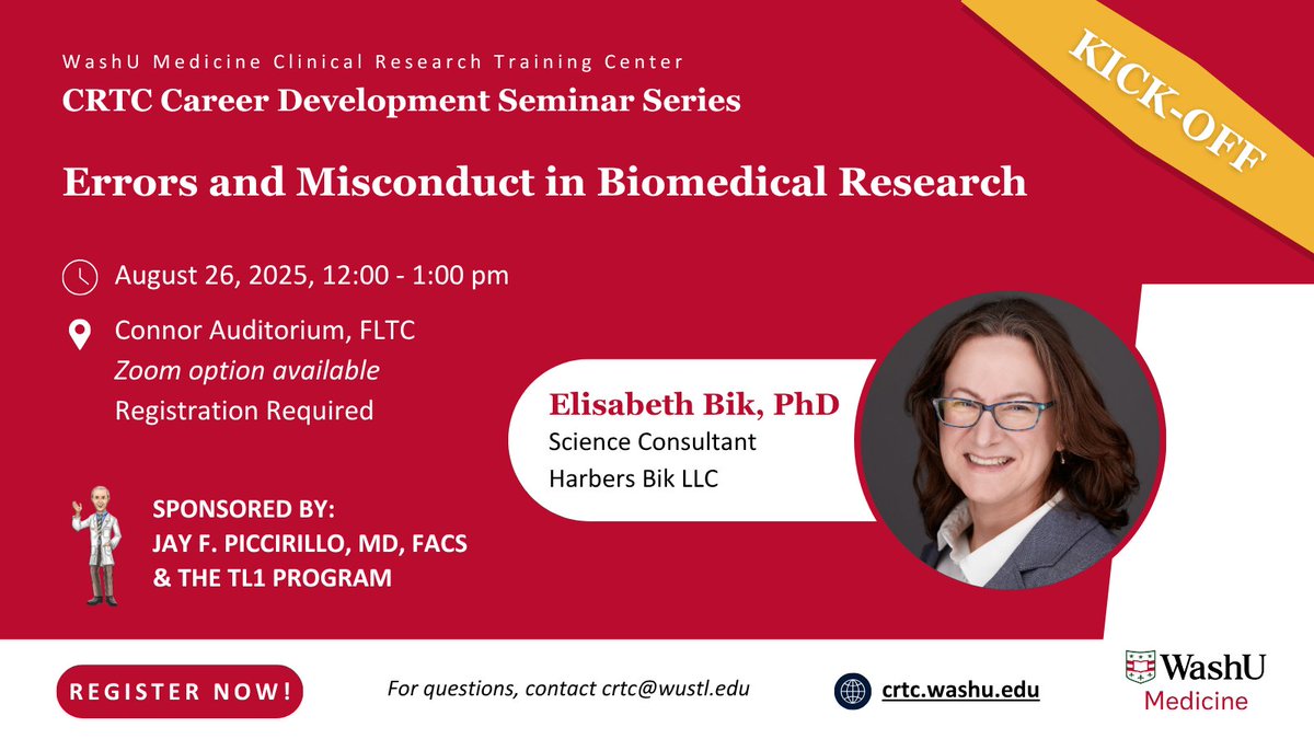 The #WashUMedCRTC is kicking off our 2025-2026 Career Development Seminar Series on August 26! Join us for a talk with renowned image forensics expert Elisabeth Bik, PhD, on “Errors and Misconduct in Biomedical Research.”
 
Open to all; RSVP required: bit.ly/4lxaDrf