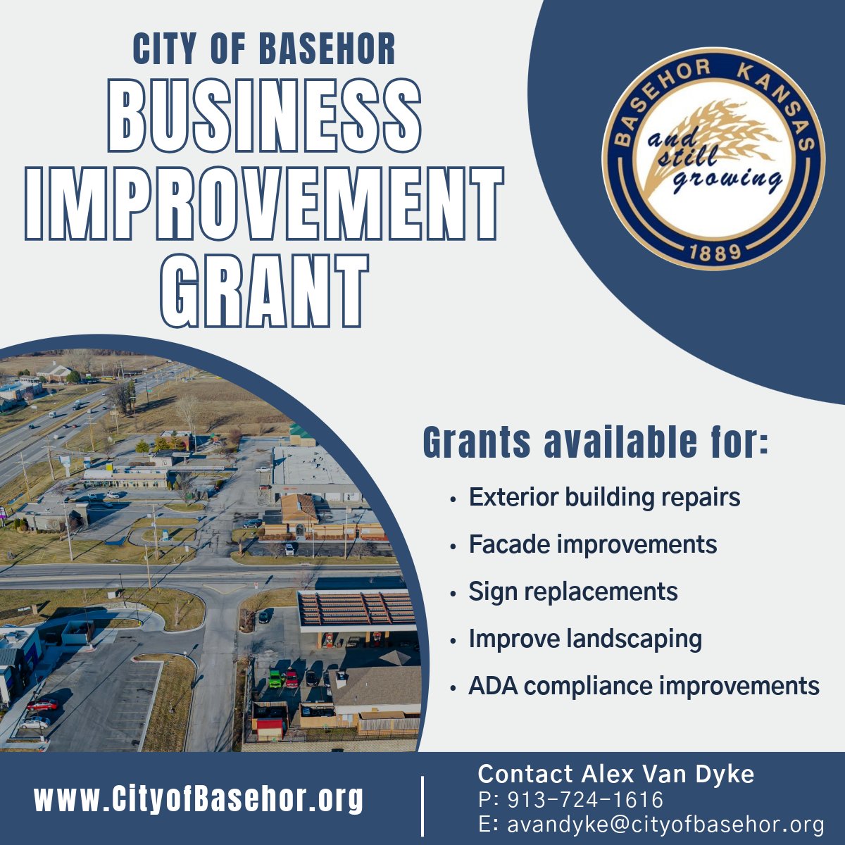 The City of Basehor is pleased to announce our Business Improvement Grant program!
The grants are available to local Basehor businesses that meet the eligibility requirements and can be used for a variety of exterior improvements.
cityofbasehor.org/368/Business-I…
