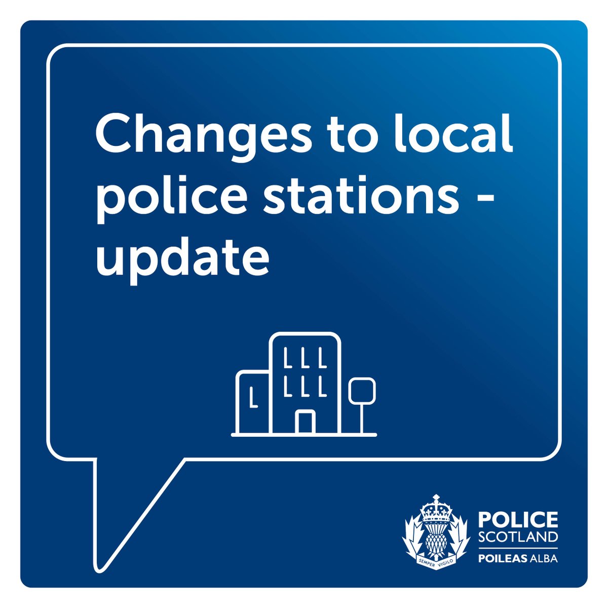 The front counter at Rothesay police station has reopened. Front counter services will be open between 7am to 6pm, Monday to Friday.

For non-emergencies and general enquiries, you can call 101, and 999 in the event of an emergency.