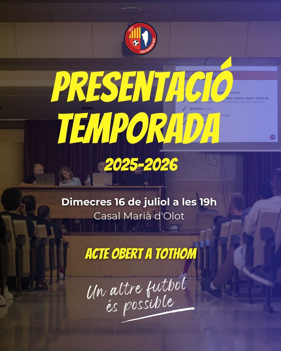 📣 𝐃𝐈𝐌𝐄𝐂𝐑𝐄𝐒 𝐓𝐄𝐍𝐒 𝐔𝐍𝐀 𝐂𝐈𝐓𝐀❗

🎬 Presentació Temporada 2️⃣5️⃣-2️⃣6️⃣
🤝 Nova Campanya de Socis 
📆 Dimecres 16 de juliol
⏰ 19.00h
📍 Casal Marià d'Olot 
⚽ Amb la presència de jugadors i tècnics 

🆕 Vine a descobrir les novetats!

#UnAltreFutbolÉsPossible #2RFEF3