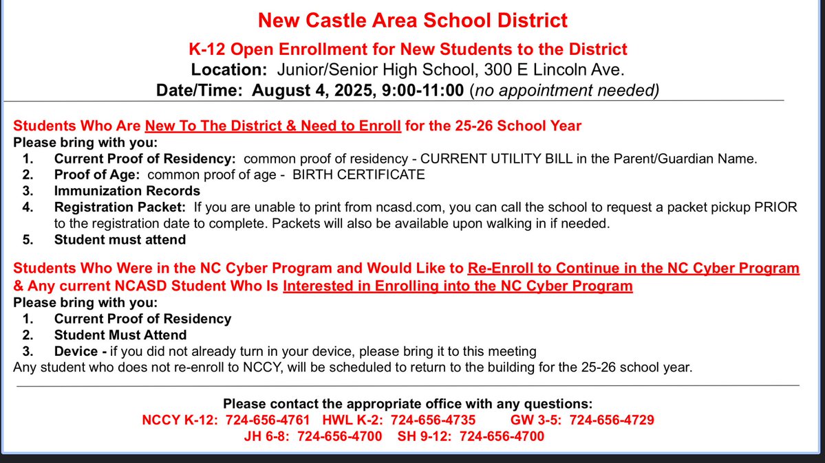 ATTENTION - Students New Who Need to Enroll &amp; NCCY Students - District Registration Day
✏️ Date: August 4, 2025
✏️ Time: 9:00-11:00 AM
✏️ Location: Jr/Sr High
✏️ Bring: Current Proof of Residency, Proof of Age, Immunization Records
✏️ Student Must Attend

See below for details