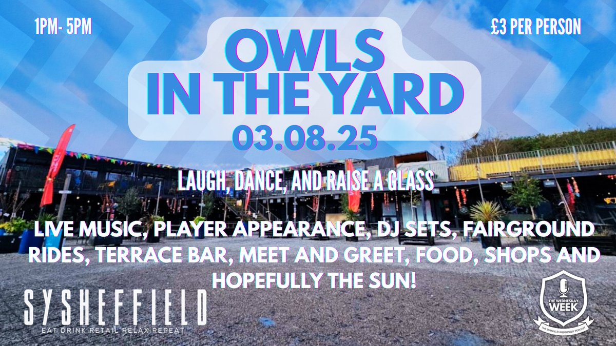 🦉💙 nearly 3 WEEKS TO GO! 💙🦉

The countdown’s on — in just over 3 weeks’ time, we’ll be packing out The SteelYard with Wednesday shirts, live music, DJs, terrace bars, street food, and blue &amp; white smiles! 🎶🍻⚽️

OWLS IN THE YARD is shaping up to be a proper day out for the