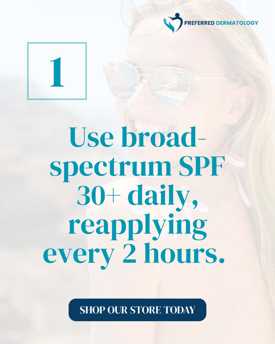 preferred_derm's tweet photo. Experiencing hot temps, high humidity, &amp; intense sun? Here’s how to keep your skin happy and healthy all summer:  
- Use broad-spectrum SPF 30+ daily 
- Switch to lightweight moisturizers and gel-based cleansers 
- Wear hats and seek shade 
- Use gentle products and stay hydrated https://t.co/cGnuj6BZEv