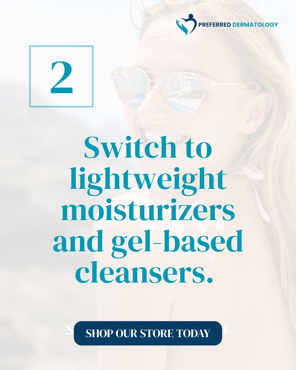 preferred_derm's tweet photo. Experiencing hot temps, high humidity, &amp; intense sun? Here’s how to keep your skin happy and healthy all summer:  
- Use broad-spectrum SPF 30+ daily 
- Switch to lightweight moisturizers and gel-based cleansers 
- Wear hats and seek shade 
- Use gentle products and stay hydrated https://t.co/cGnuj6BZEv