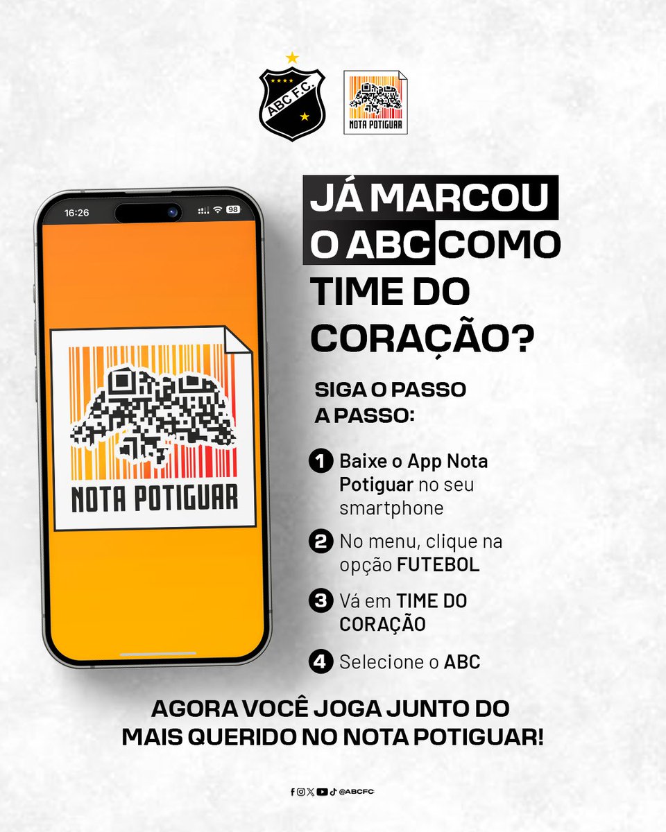 Ainda não faz parte da Torcida do ABC no <a href="/notapotiguar/">Nota Potiguar</a>? Entre pro time agora mesmo! ⚫️⚪️

É só abrir o App Nota Potiguar no seu smartphone e seguir o passo a passo pra mostrar a força da Maior Torcida do RN!

#ABCFC
#NotaPotiguar
#OMaisQueridoDoRN