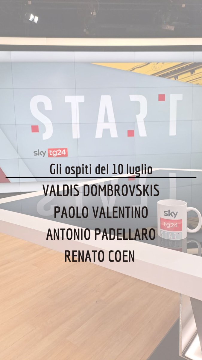 Giovanna Pancheri (@giopank) on Twitter photo Domani a #Start saremo con il commissario Ue per l'Economia <a href="/VDombrovskis/">Valdis Dombrovskis</a> e poi insieme a <a href="/pfvalentino/">paolo f valentino</a>, <a href="/a_padellaro/">Antonio Padellaro</a> e <a href="/RenatoCoen/">Renato Coen</a>.
Come sempre dalle 9:30 su <a href="/SkyTG24/">Sky tg24</a>. Vi aspetto! Domani a #Start saremo con il commissario Ue per l'Economia <a href="/VDombrovskis/">Valdis Dombrovskis</a> e poi insieme a <a href="/pfvalentino/">paolo f valentino</a>, <a href="/a_padellaro/">Antonio Padellaro</a> e <a href="/RenatoCoen/">Renato Coen</a>.
Come sempre dalle 9:30 su <a href="/SkyTG24/">Sky tg24</a>. Vi aspetto!