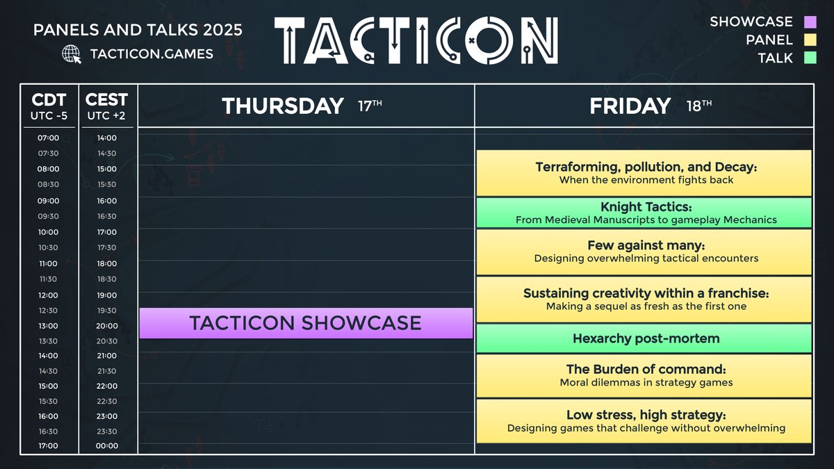 The TactiCon 2025 Program is here ⭐️

🎮 TactiCon 2025 Showcase: a ton of strategy game exclusives, on the official YouTube channel

🎙️ Panels &amp; Talks: topics around strategy games by passionate developers, on the TactiCon Steam page