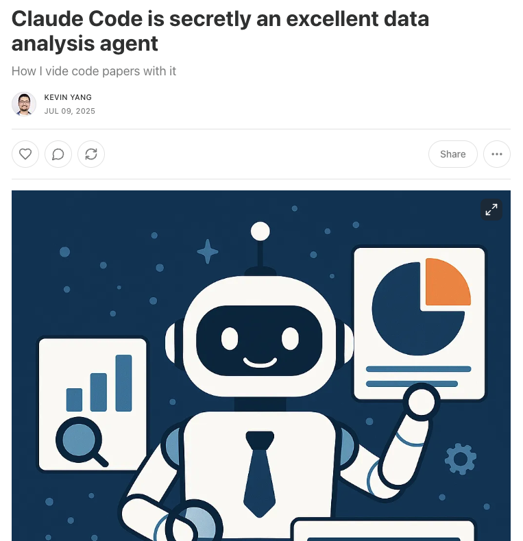 yang3kc's tweet photo. Wrote a new blog post on my experience using Claude Code to do data analysis with lessons I learned. I think it's a paradigm shift. 

Link in reply. https://t.co/LcLQfXJXj3