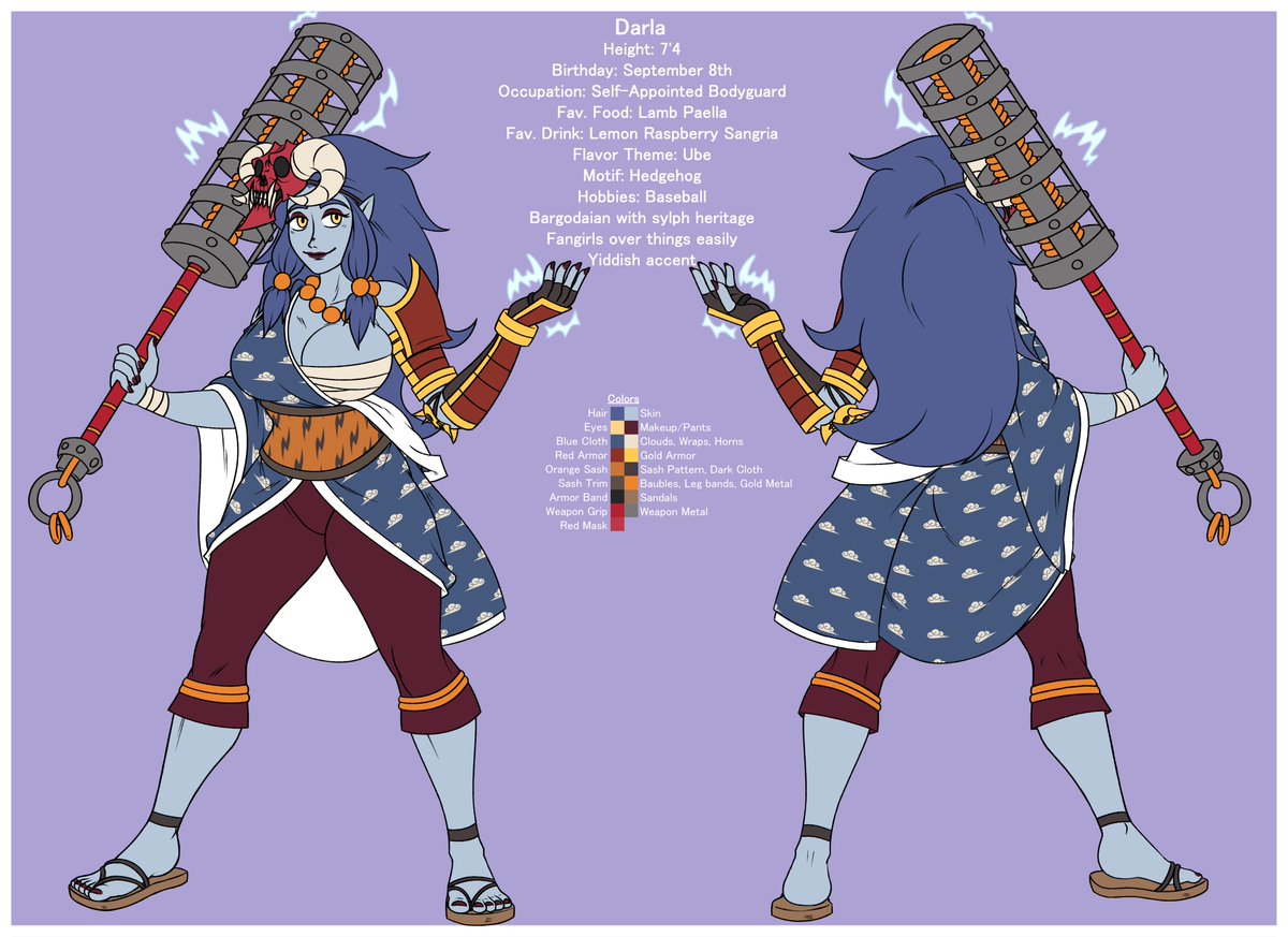 Here in a new piece in contrast to yesterday's post. A reference sheet for Darla, the self appointed bodyguard to the archduke of Kiermano &amp; Vice-captain of the Purple Haze. Her blue complexion is from her sylph heritage.