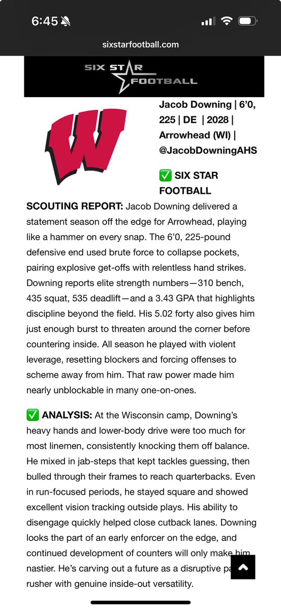 Jacob Downing 2028 DL (@jacobdowningahs) on Twitter photo Thank you <a href="/sixstarfootball/">Six Star Football | PLUS+</a> for the write up and evaluation of my camp performance at Wisconsin. <a href="/MJ_NFLDraft/">Mark Johnson</a> <a href="/NickHaydenWI/">Nick Hayden</a> <a href="/CoachHarris28/">Matthew Harris</a> <a href="/CoachWhit_UW/">E.J. Whitlow 🔴🦡⚪️</a> Thank you <a href="/sixstarfootball/">Six Star Football | PLUS+</a> for the write up and evaluation of my camp performance at Wisconsin. <a href="/MJ_NFLDraft/">Mark Johnson</a> <a href="/NickHaydenWI/">Nick Hayden</a> <a href="/CoachHarris28/">Matthew Harris</a> <a href="/CoachWhit_UW/">E.J. Whitlow 🔴🦡⚪️</a>