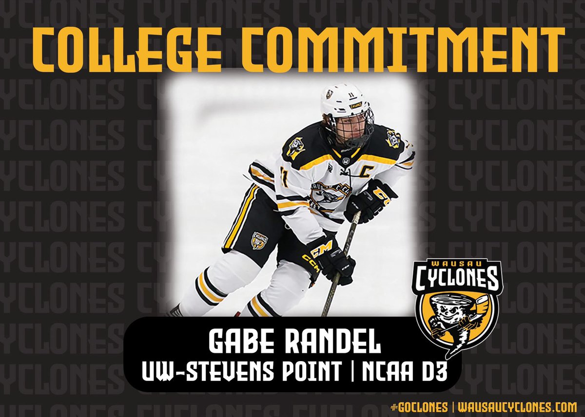 NEWS | Former Cyclones forward Gabe Randel commits to play NCAA DIII college hockey at UW-Stevens Point. <a href="/NA3HL/">NA3HL</a>➡️<a href="/NAHLHockey/">NAHL</a> ➡️<a href="/NCAADIII/">NCAA Division III</a> #collegeclones

📰: wausaucyclones.com/randel/