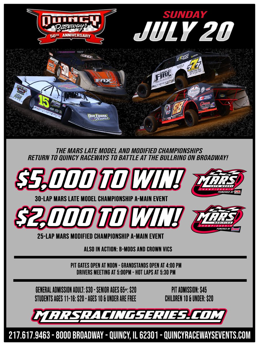 MARS Championship Series (@marsdirtracing) on Twitter photo The triple-header weekend for the MARS Championship Tours will wrap up on Sunday, July 20 for the final stop of the season at <a href="/QuincyRaceways/">Quincy Raceways</a>!
For more information visit marsracingseries.com. The triple-header weekend for the MARS Championship Tours will wrap up on Sunday, July 20 for the final stop of the season at <a href="/QuincyRaceways/">Quincy Raceways</a>!
For more information visit marsracingseries.com.