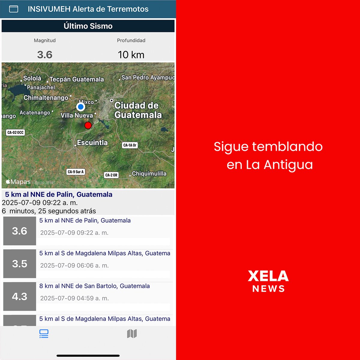 XelaNewsGt's tweet photo. #ALERTAGUATE #TemblorGT SIGUE TEMBLANDO EN LA ANTIGUA.
un nuevo sismo de magnitud 3.6 se acaba de sentirse en La Antigua Guatemala exactamente a las 9:22 A.M., el @insivumehgt afirma que tuvo su epicentro en Palin, #Escuintla.
#XELAnews 🇫🇷 https://t.co/8rb9HurR19