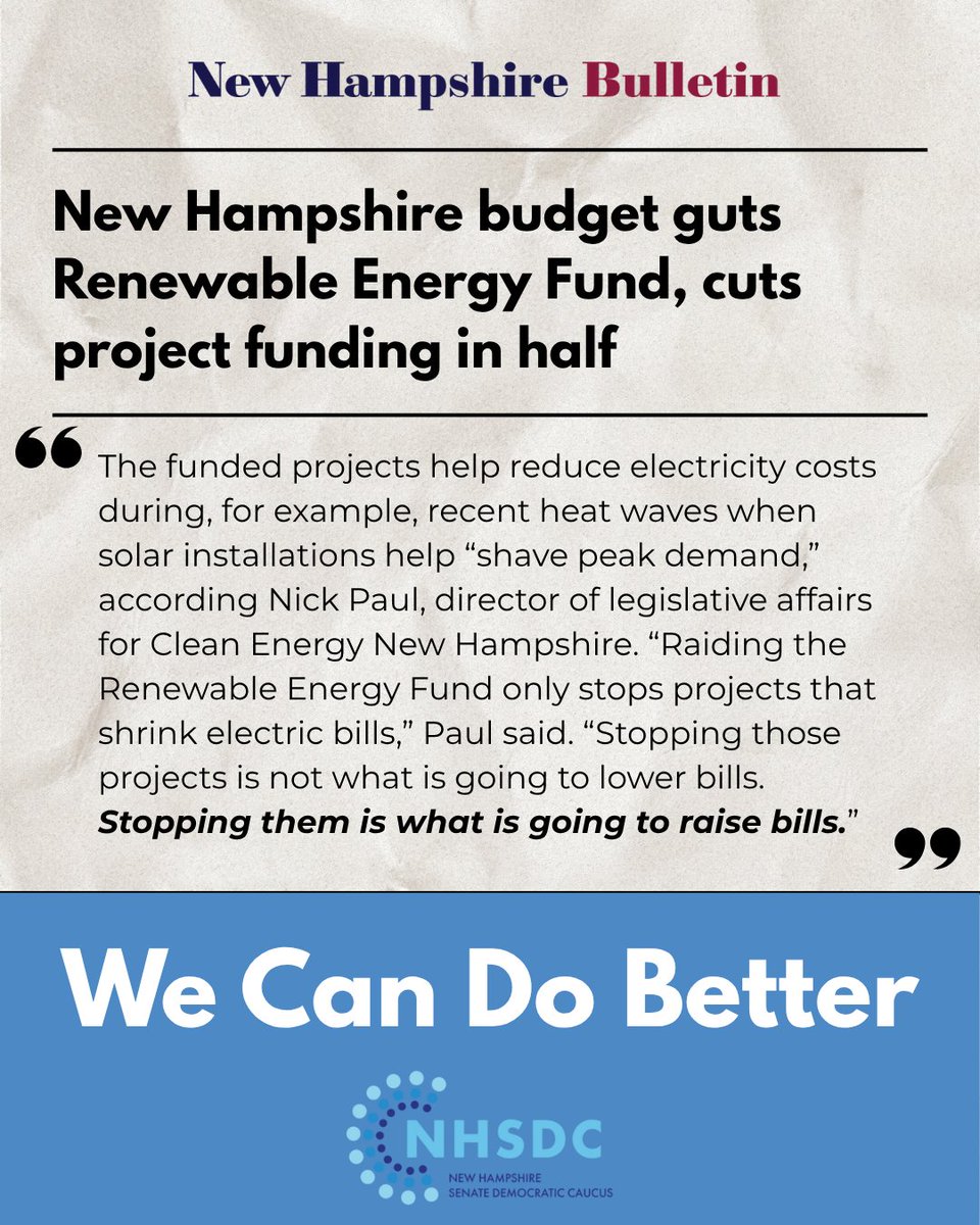 NHSenateDems's tweet image. Cutting the Renewable Energy Fund means fewer local jobs, higher future energy bills, and stalled progress.
Republicans picked politics over people again. #NHPolitics